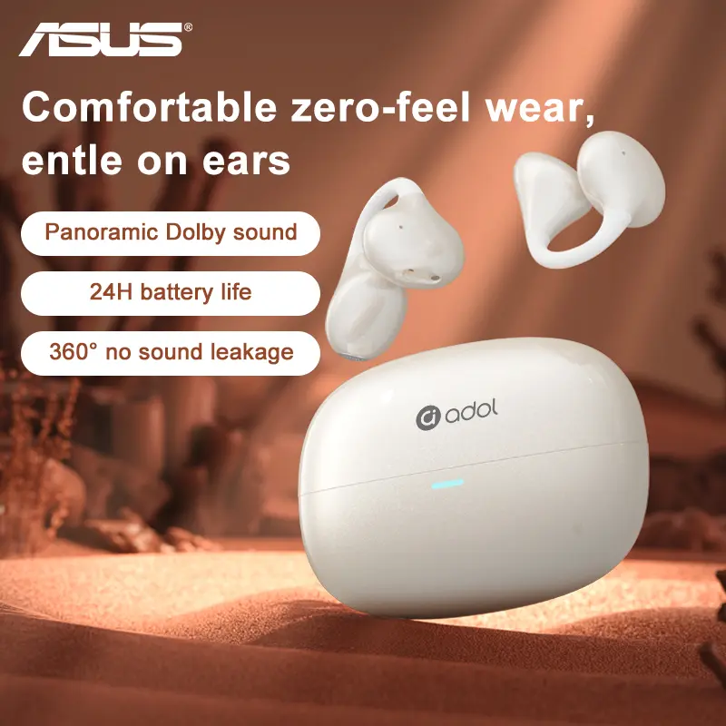 ASUS Adol J15 Open-Ear Clip-On Wireless Earbuds, Bluetooth 6.0, 24H Playtime, IP55, 5.2g Ultralight