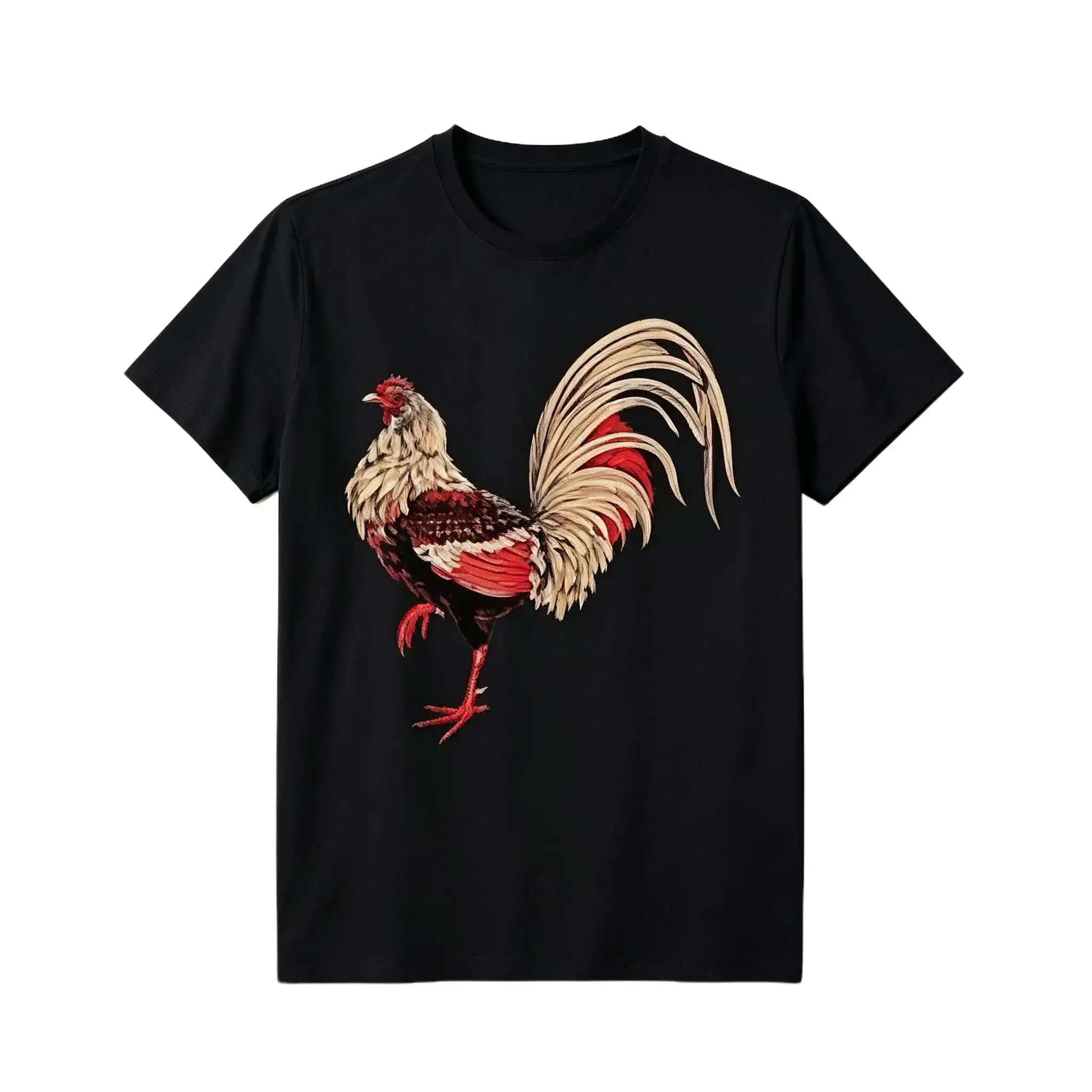 Men's Casual Black  T-Shirt with Vibrant Red Rooster Print – Short Sleeve, Round Neck,  Machine Washable, Perfect for Casual Attire, Casual Wear |     Pullover Tshirt | Streetwear