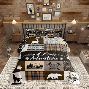 Bear Print Comforter Set,Deer Antler Wolf Animals Hunting Adventure Bedding Set for Kids Boys Men,Lodge Arrow Retro Brown Camper Plaid Quilted Duvet Set