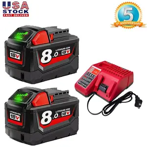 2Pack 18V 8.0Ah Battery and Charger Combo Replacement for Milwaukee M-18 Battery Lithium Ion 48-11-1862 48-11-1860 48-11-1828 48-11-1815 48-11-1822 and 18 Volts Cordless Power Tools
