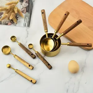 Golden Stainless Steel Measuring Cups Spoons Set with Aromatic Wooden Handles Perfect for Cooking, Durable Kitchen Baking Tools, Includes Spice Spoon and Coffee Scoop, Nesting Design