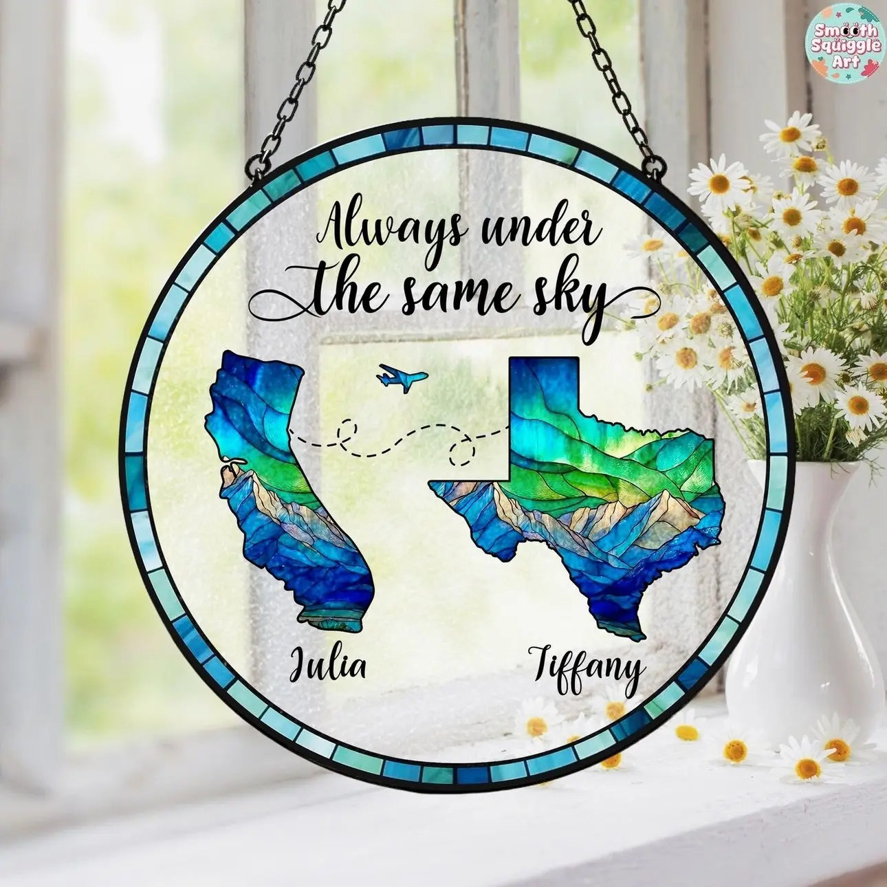 Personalized Long Distance Suncatcher, Custom State Friendship Window Hanging Gift
