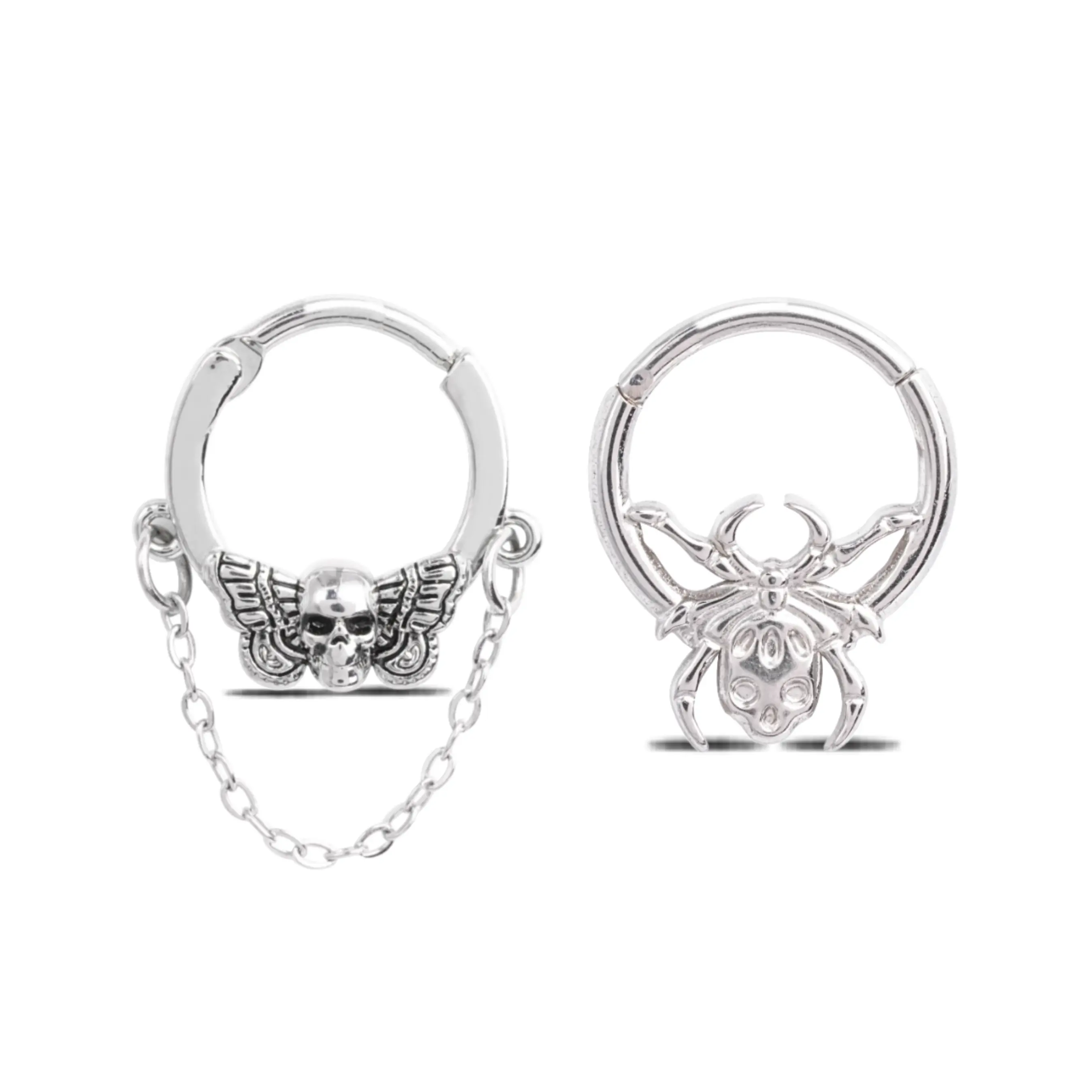 HERVAY 16G 316L Stainless Steel Gothic Septum Clicker Hinged Segment with Red Heart & White Crystal Planet Design Vintage Skull & Moth Wings Unique Halloween Body Jewelry for Unisex