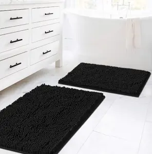 H.VERSAILTEX Black Bathroom Rug Set 2 Piece, Super Thick Soft Shaggy Chenille Bath Mats 20" x 32"/17" x 24" Machine Washable, Dry Fast Water Absorbent