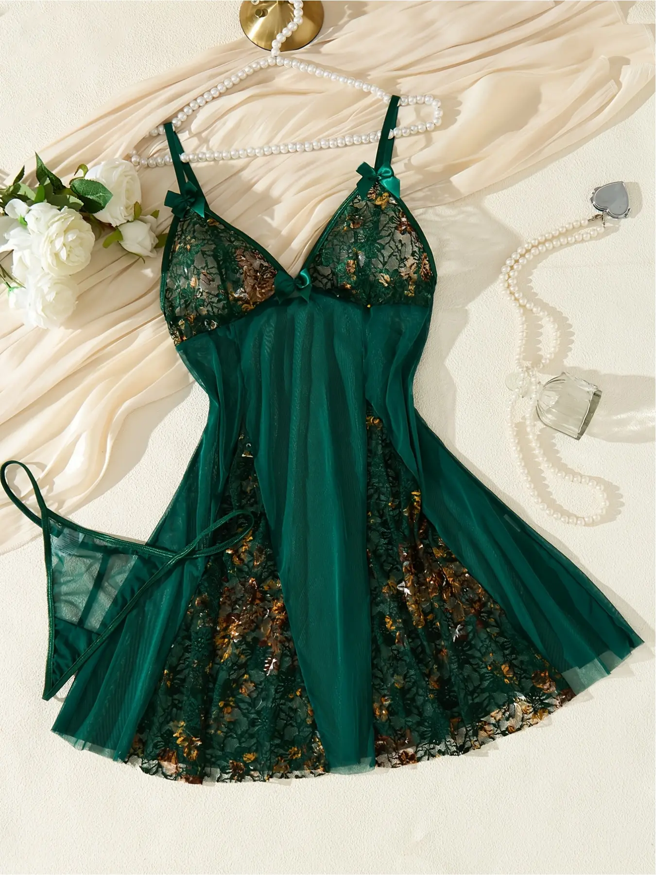 Sexy women's translucent nightdress, sexy embroidered floral bow sleeveless Spaghetti Strap nightdress Nightwear Nightwear Outfit Nightdress Sleepwear