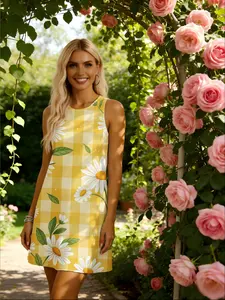 women's round neck sleeveless dress Yellow Checkered Daisies And Green Leaves print light and breathable fresh and sweet style Casual vacation date outfit four seasons flowers beach comfort print