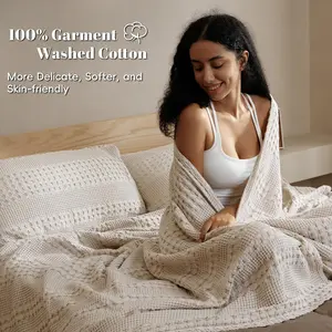 [Summer Vibes] PHF 100% Cotton Weave Waffle Blanket, Aesthetic Soft Lightweight and Breathable Blanket for Bed Sofa Home Decor for Spring and Summer, Luxury Aesthetic, Mothers Day Gift