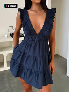 Women's Plain Deep V-Neck Dress, Casual Dress for Summer, Comfy Chic Womenswear for Daily Wear