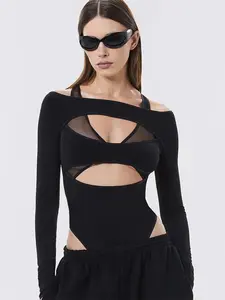 Women's Cut Out  Bodysuit, Solid Long Sleeve Bodysuit for Summer, Women's Clothing for Daily Wear Valentine's Day, gift