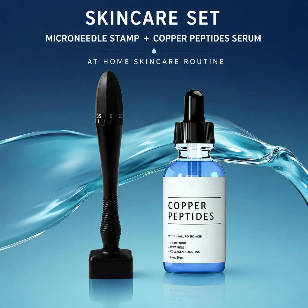 Microneedle Stamp and Copper Peptide Serum Set—an at-home skincare duo featuring a stainless steel beauty tool and a hydrating copper peptide serum, helping you create a personalized skincare routine.