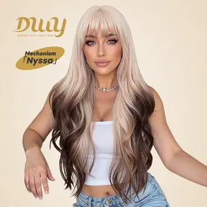 Nyssa C-DWY Long-length Wave Pink Gradient Brown with Bangs Big Scalp Area Glueless Synthetic Wig for Women 28 Inches