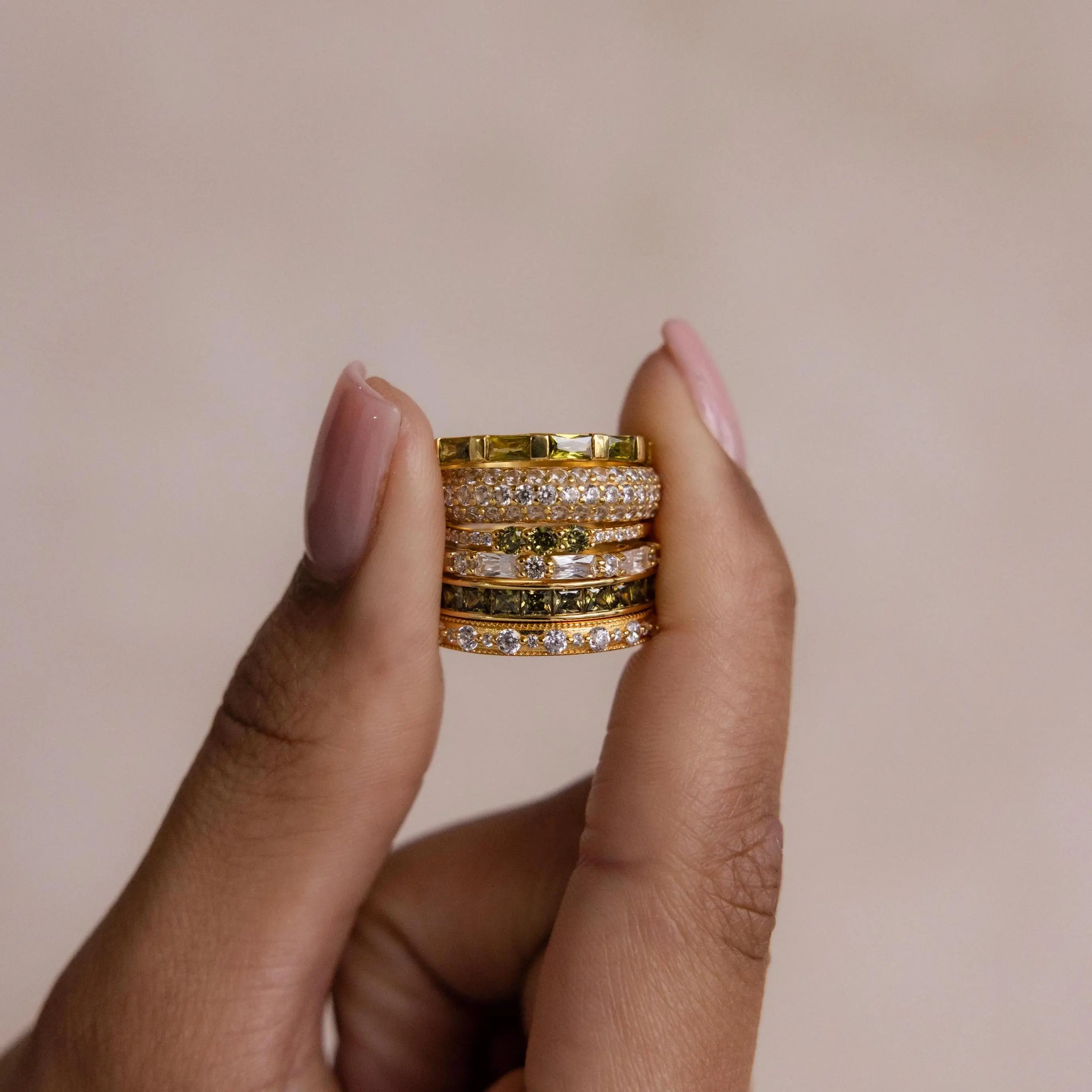 Peridot Rings Set by Caitlyn Minimalist - Vintage Green Gemstone Stacking Rings in Gold - Dainty Art Deco Jewelry - Anniversary Gift