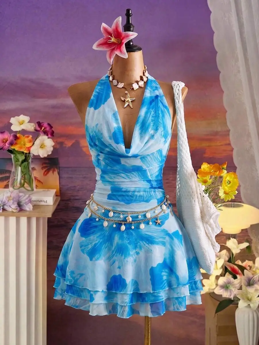 Spring/Summer New Women's Fashion Sexy Printed Dress - Cowl Neck Design - Waist Cinched Ruched Design - Ruffle Design - Vacation - Beach