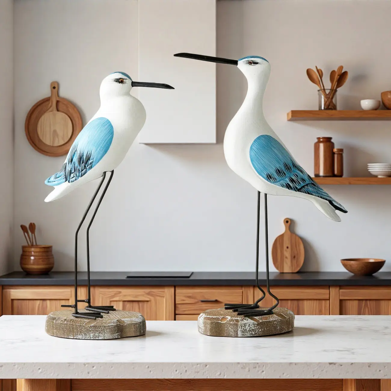 2Pcs Handmade Wooden Bohemian Seagull Figurines, Halloween Christmas Coastal Mediterranean Nautical Ocean Bird Statues, Lifelike Boho Ornaments for Beach House Mantel Garden Living Room Patio, Halloween Christmas Father's Day Mother's Day Holiday Gift