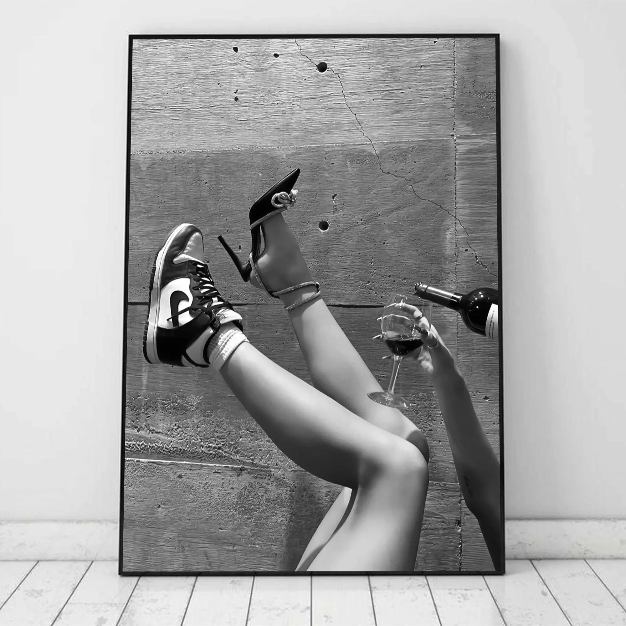 [Up to 50% Sale] Artistic Black and White Fashion Anime Wall Poster - Woman Drinking Wine in Sneaker Graphic, Eco-Friendly Fade-Resistant High-Res Photo Paper Print, Bathroom Bar Cart Home Decor