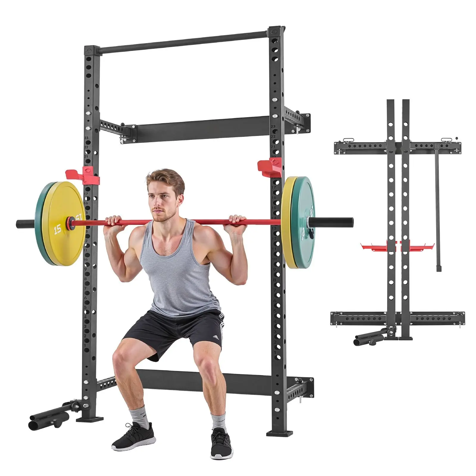 Folding Power Cage for Home Gym, Wall-Mounted Power Rack and Squat Rack, Multifunctional Strength Training Equipment with Landmine Holder, Adjustable J-Hooks and Pull-Up Bar, 1000 LBS Capacity