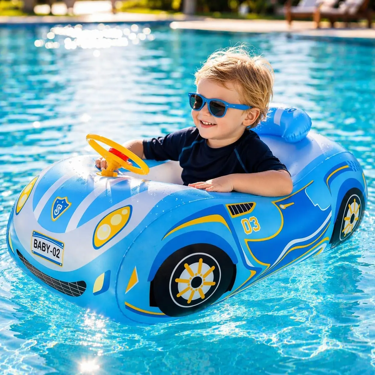 Baby Pool Float for Toddlers 12-48 Months 3D Car Inflatable Swim Float with Steering Wheel Heavy Duty 0.35mm PVC Infant Swim Pool Float Safe No Flip Swimming Toddler Floaties for Boys&Girls1-5 Years