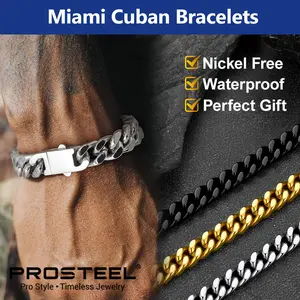 PROSTEEL Miami Cuban Chain Bracelets with Upgrade Buckle Clasp Durable Golden Black Metal Filled Solid Stainless Steel Hand Chain Jewelry for Men Women with Gift Box
