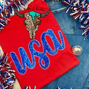 USA Embroidered Tee -  Red Comfort Colors T-Shirt with Real Blue Sequins