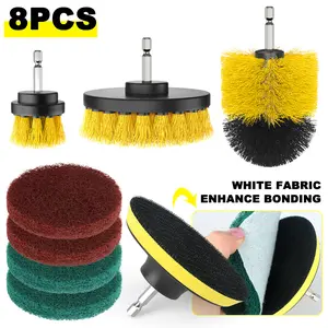 8-piece car drill brush set, for use with a drill, effectively removes yellow stains.
