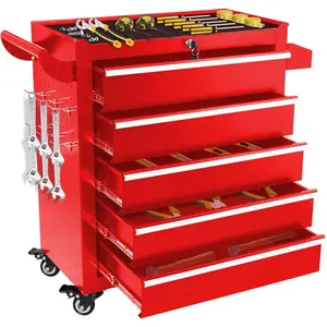 Red 5-Drawer Rolling Tool Cabinet with Lock, Wheels & Hooks – Heavy-Duty Steel Tool Chest for Garage, Workshop & Car Repair, Smooth Sliding Drawers for Mechanics & DIYers(Assembly Required)tiktokshopspringglowup fathersdaygiftideas