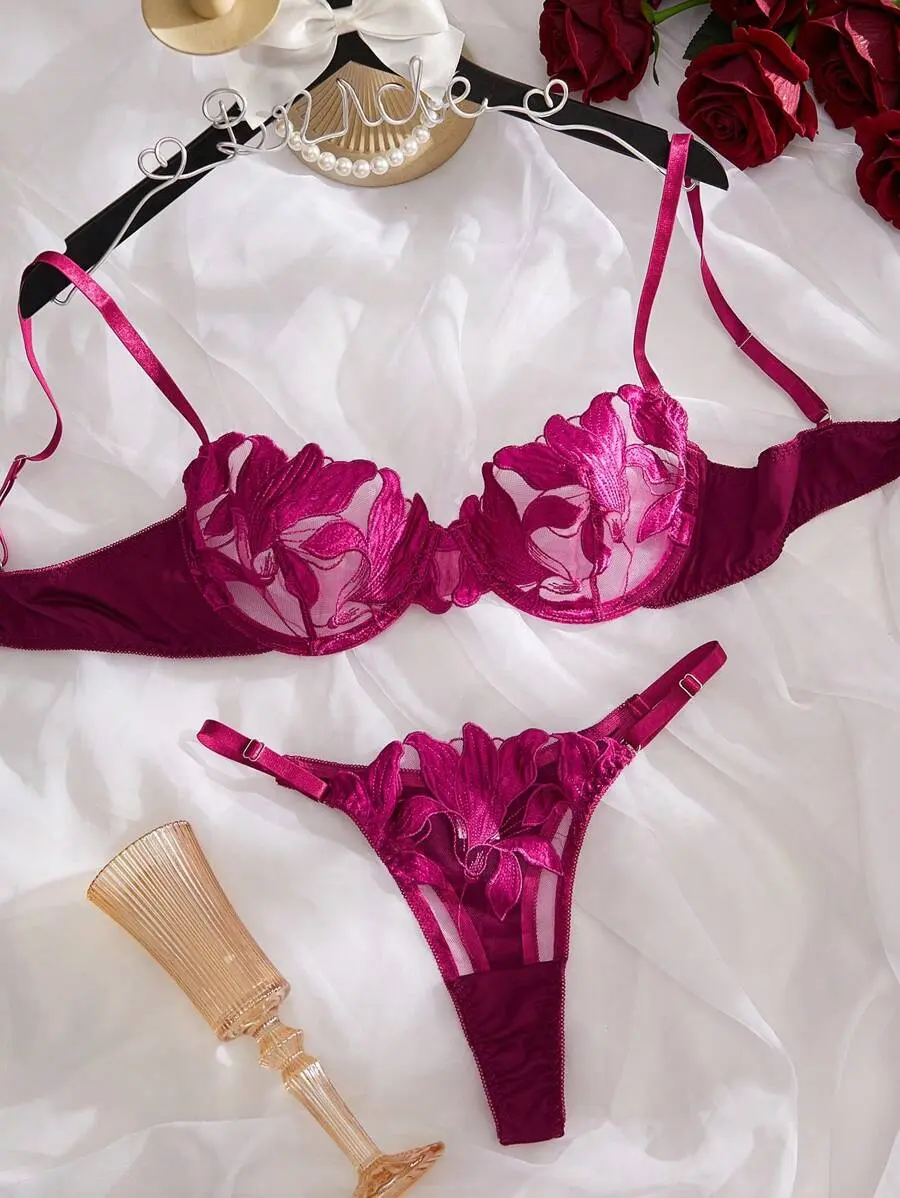 LURELLE Women Sexy Embroidered Flower Underwear Set, 2 Pieces Underwire Bra & Panty Lingerie Set