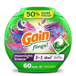 Gain Flings Laundry Detergent Pacs, 60 Count, Moonlight Breeze Scent, with Odor Defense, concentrated laundry soap pacs