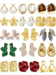 Women's Stylish Plated Pearl Embellished Earrings Set, Hypoallergenic Studs & Dangles, Ideal Gift for Her, 15 Pair Collection