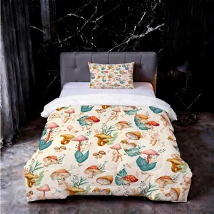 Watercolor Mushroom & Fern Print Comforter Set, Bedset, 2/3 Pieces, 1 Comforter + 1/2 Pillowcases, Without Pillow Insert, Boho Forest Style Bedding Set, Soft Microfiber U-Shape Quilted All-Season Bedspread, Ideal for Bedroom Decor
