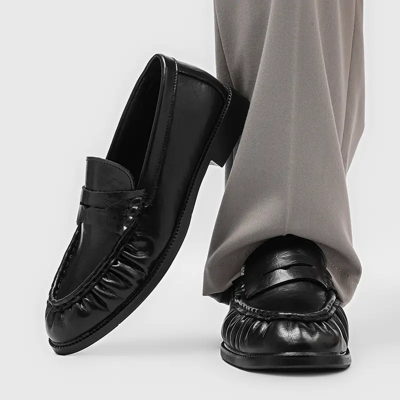 Men's PU Round Toe Slip-On Loafers - Matte Suede Gathered Upper, Penny Strap, Low Block Heel, Vintage Lazy Commute Casual Leather Footwear