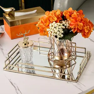Light Luxury Ornament Iron Wire Tray, Household Storage Tray, Tea Table, Living Room Desktop Decoration, Glass Plate Metal Tray