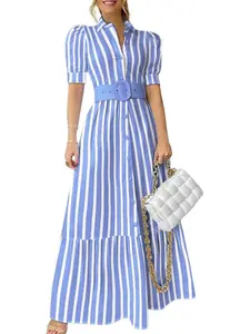 EBOSSY Women's Striped Button-Down Shirt Dress, Casual Puff Short-Sleeve Ruffle Hem Maxi Dress with Belt for Summer-Spring Casual Wear, Womenswear Stripe Pattern Design