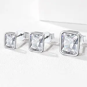 ChicSilver S925 Earring Sparkling Rectangular 4mm/ 5mm/ 7mm Cubic Zirconia Stud Earrings for Women Men