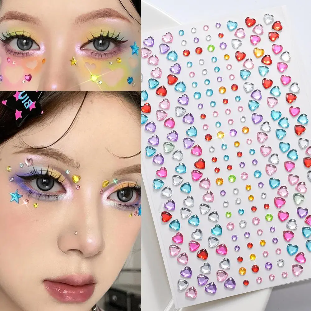 3D Heart Rhinestone Face Diamond Sticker Colorful Rainbow Crystal Hair Eye Makeup Face Sticker Self-adhesive Face Tattoo Sticker