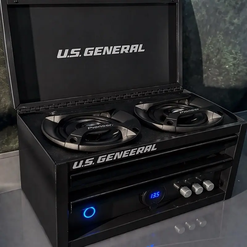 Black mini tool box Bluetooth speaker- voltmeter- charging ports