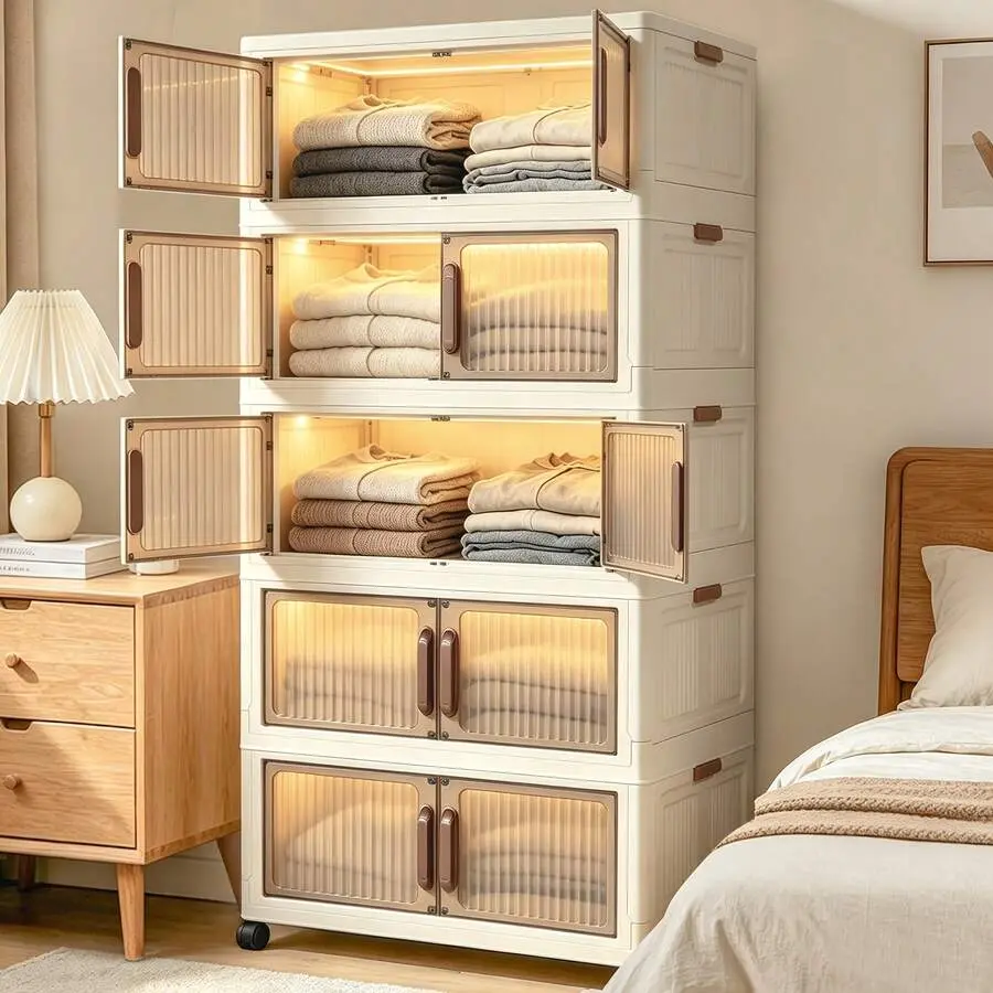 [Extra Large] Space Saving Storage Cabinet, Stackable Storage Boxes, 2/4/5Tier Foldable Storage Cabinet With Wheels&Lids, Lidded Storage Bins Organizer For Entrance, Corridor, Bedroom, Wardrobe, Office, Multi-Functional For Books, Clothes, Shoes