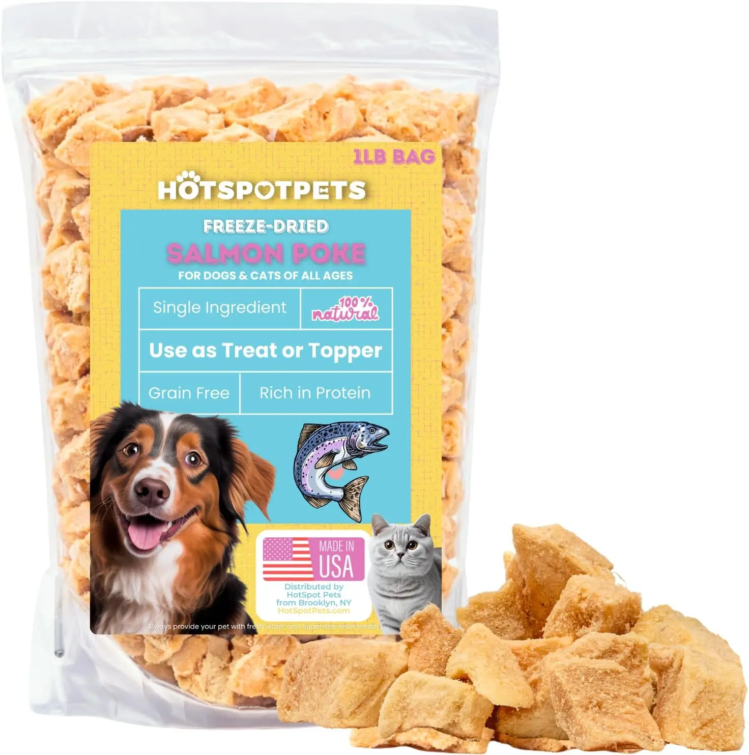 Hotspot Pets Freeze Dried Salmon Treats for Cats & Dogs - 1lb Resealable Bag, Made in US, Single Ingredient, High Protein, Grain Free, Hypoallergenic, Natural, Training Aid, Fur & Skin Care, Immune Booster - Ideal for Training, Topper, Allergies