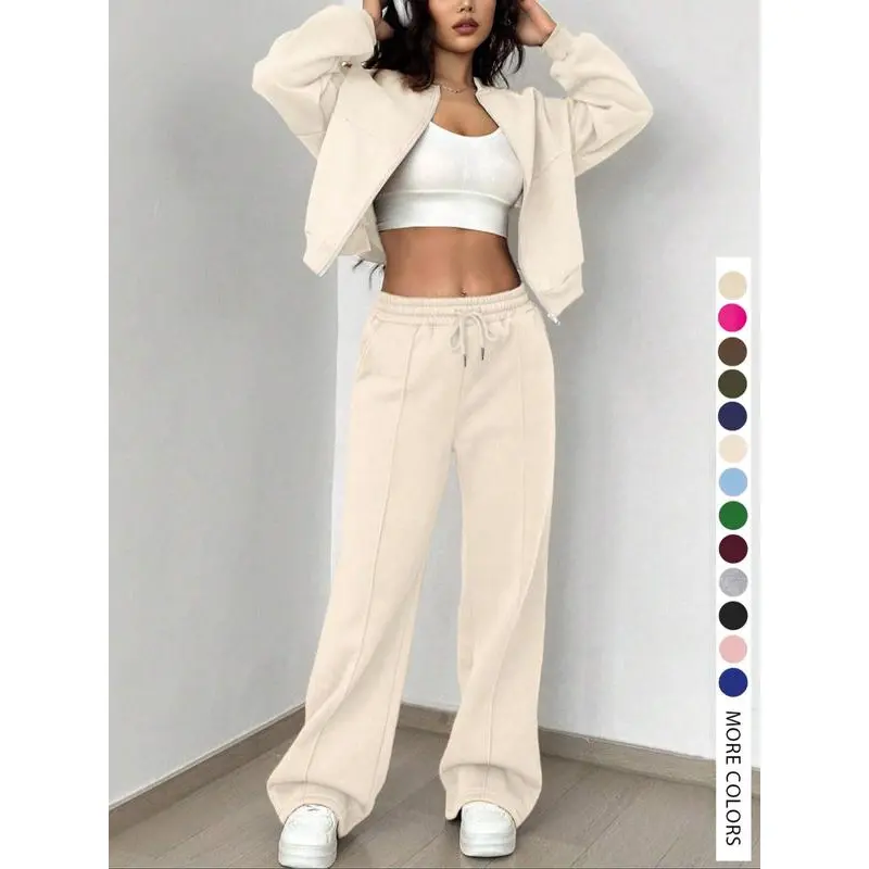 Two-piece Set Women's Solid Zip Up Drop Shoulder Jacket & Pocket Elastic Waist Pants, Casual Fashion Cozy Breathable Two Piece Outfits for Daily Outdoor Wear, Ladies Clothes for All Seasons