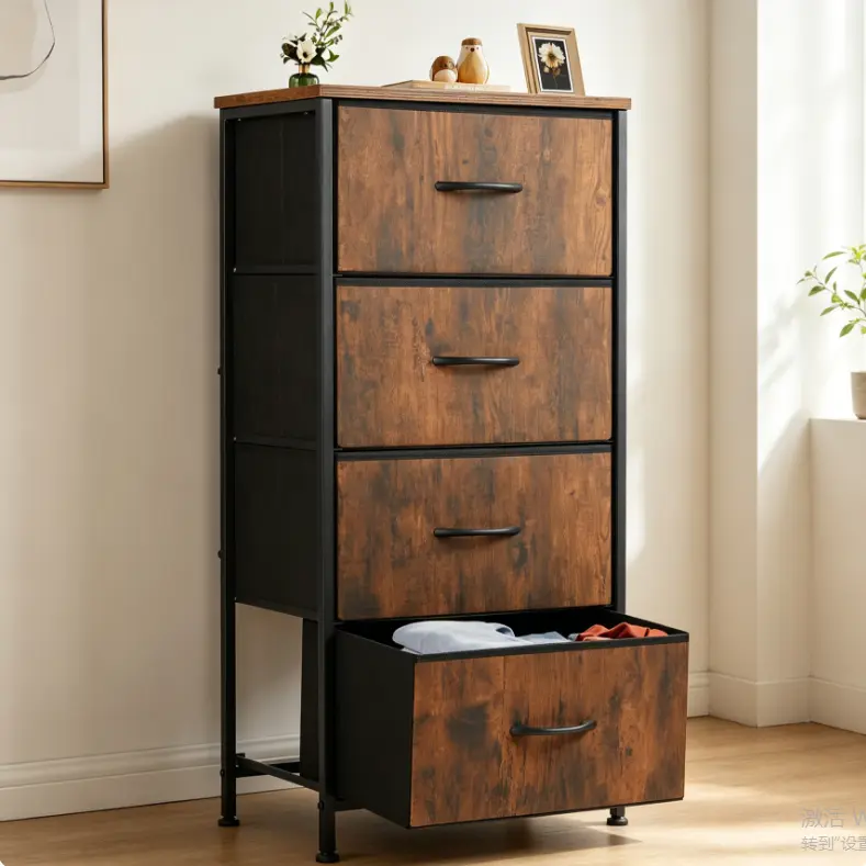 Wooden Single Unit Floor-Standing Nightstand - Sturdy Steel Base, 4 Removable Fabric Drawers, Adjustable Bedroom Bedside End Table, Assembly-Required Cabinet for Closet, Entryway