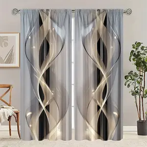 2 pieces of high-definition digital symmetrical abstract gold-embossed ribbon pattern printed curtains. Made of polyester, semi-transparent material, machine washable. Suitable for living room, bedroom and home decoration.
