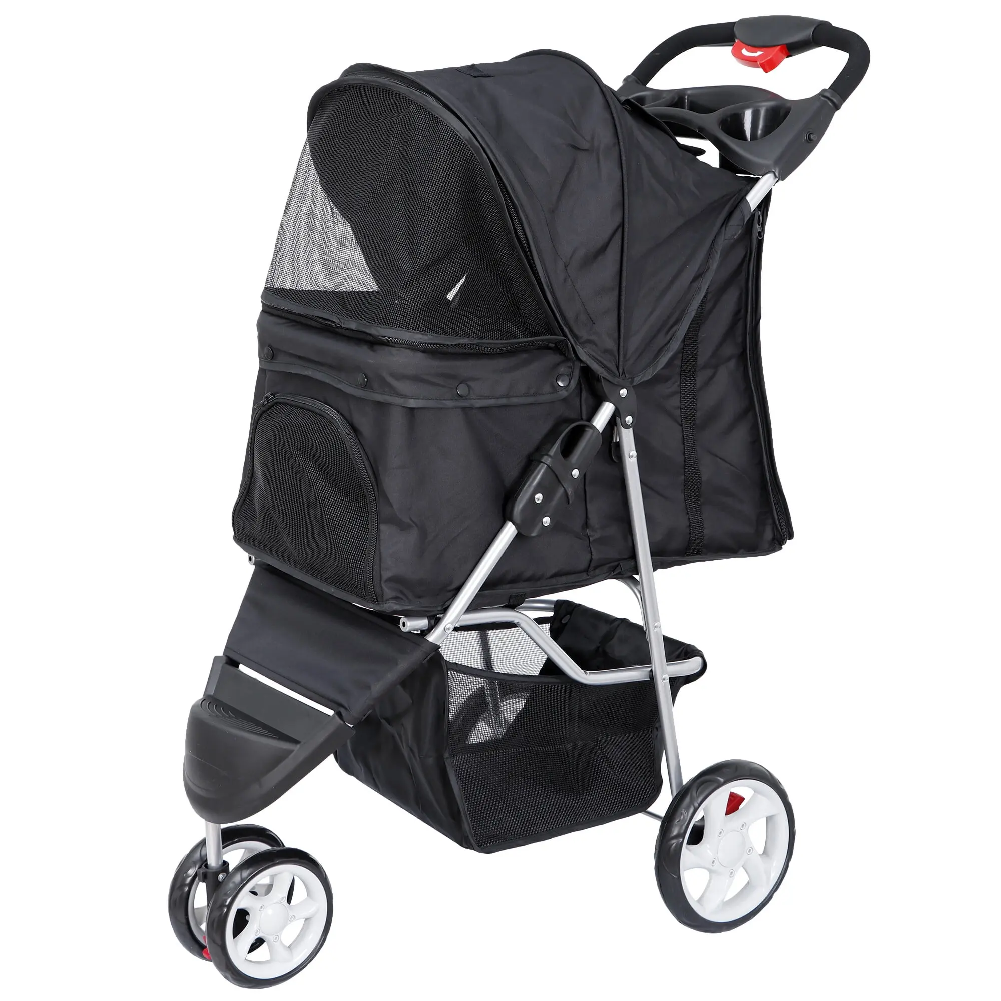 Black 3-Wheel Durable Dog & Cat Pet Stroller - Oxford Cloth, Sturdy Metal Frame, Quick Fold & Store, Mesh Windows, Zipper Closure, Car Storage Basket, Stable Design, 33 lbs Capacity, 30.7x17.7x40 in Travel Carrier Accessory