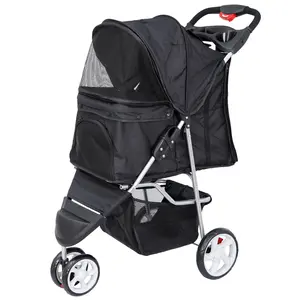 SuperDeal Pets Durable 3-Wheel Foldable Dog & Cat Stroller with Storage Basket - Black