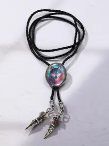 A Vintage Colorful Wolf Head Bolo Tie, Western Cowboy Style Leather Necktie, Punk Rock Pendant Necklace for Men Women, Unisex Accessory