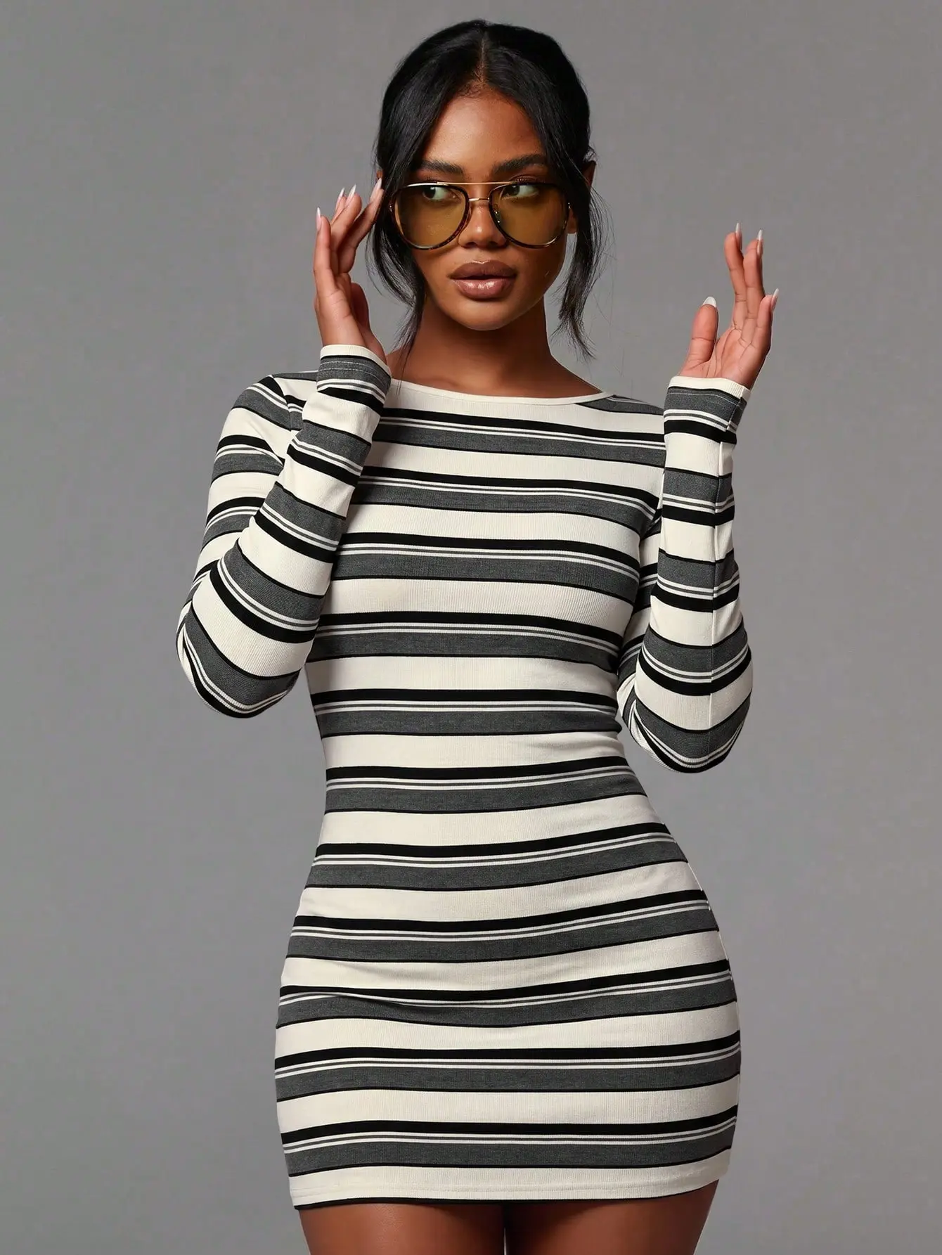 LALUZ Women's Casual Striped Print Boat Neck Long Sleeve Mini Dress Long Sleeve Fall Dress Trendy Fashion Comfortable Style