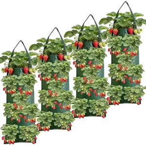 4-Pack Hanging Strawberry Plant Pots, 8-Hole Design with Handle, Outdoor Hanging Planter Bags, Strawberry Vertical Planters, Plant Hanger, Ideal for Strawberries, Herbs, Vegetables