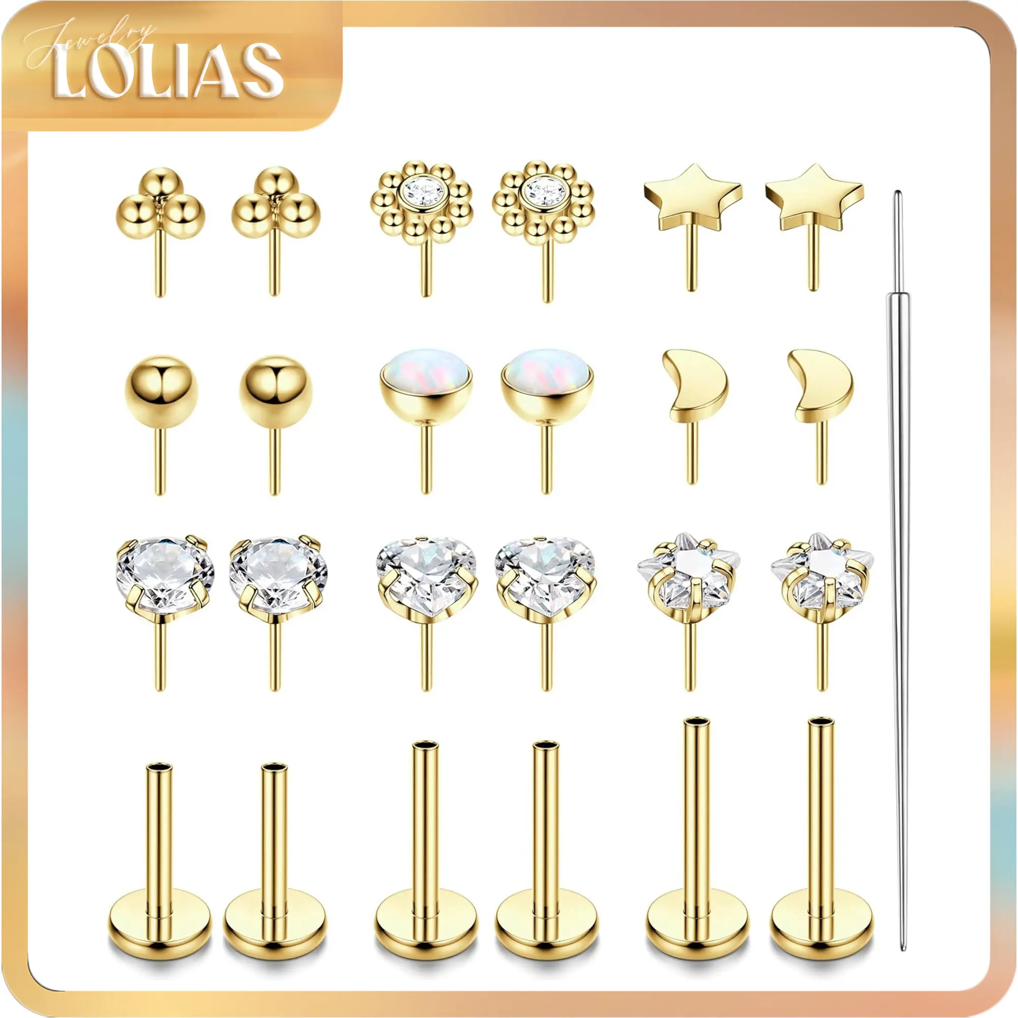 LOLIAS 16G Stud Earrings Set, Dainty 316L Stainless Steel Cute Jewelry with Artificial Zircon Tops, Threadless Push-in Posts 6-10mm for Cartilage & Tragus, Flat Pierced Jewelry, Sparkling Zircon Inlay, Clothes, Casual, Earrings For Women, Female, Conch Pi