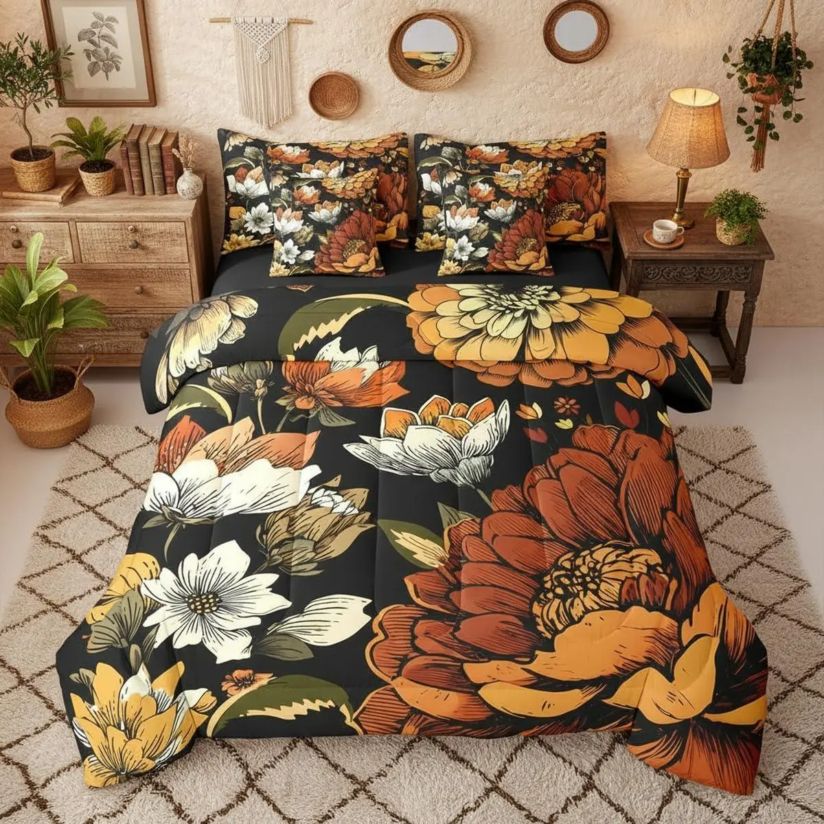 Boho Floral Bed Bag,7 Pcs Bohemian Flower Botanical Comforter Bed Set,Women Rustic Farmhouse Floral Bedding Set,Abstract Mid Century Flowers Comforter,, Comforter Queen Size, Ultra Soft