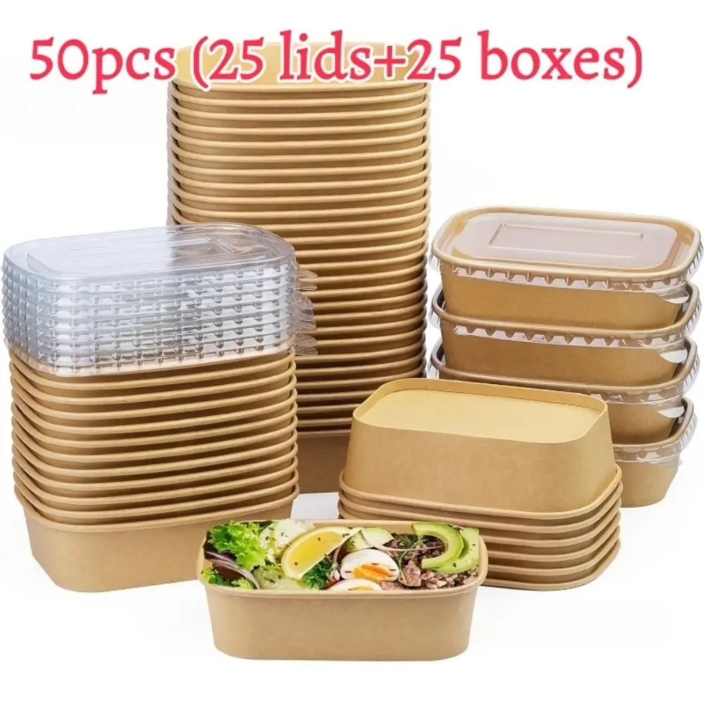 Square Kraft Paper Bowls with Lids(25 boxes + 25 lids) – PP Lid + Paper Body Disposable Salad Containers for Meal Prep, Takeout & Delivery, Party Pack, Disposable Tableware, Eco-Friendly Choice for Christmas, Thanksgiving
