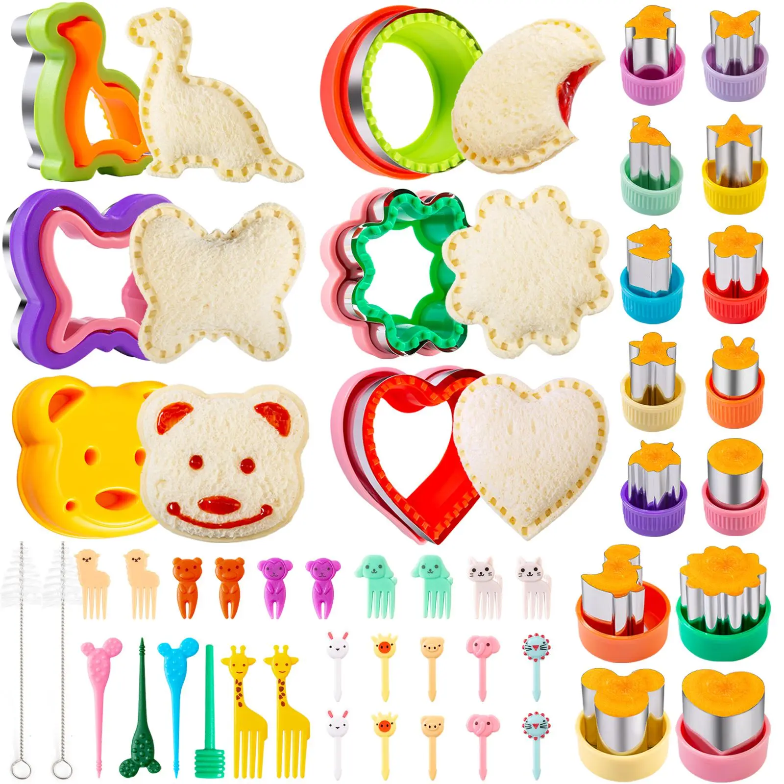 Sandwich Cutter for Kids 48 Pcs,Cookie Cutters, Fruit Vegetable Cutter Shapes, Food Picks for Bento Box, Mouse Dinosaur Star Square Heart Shape