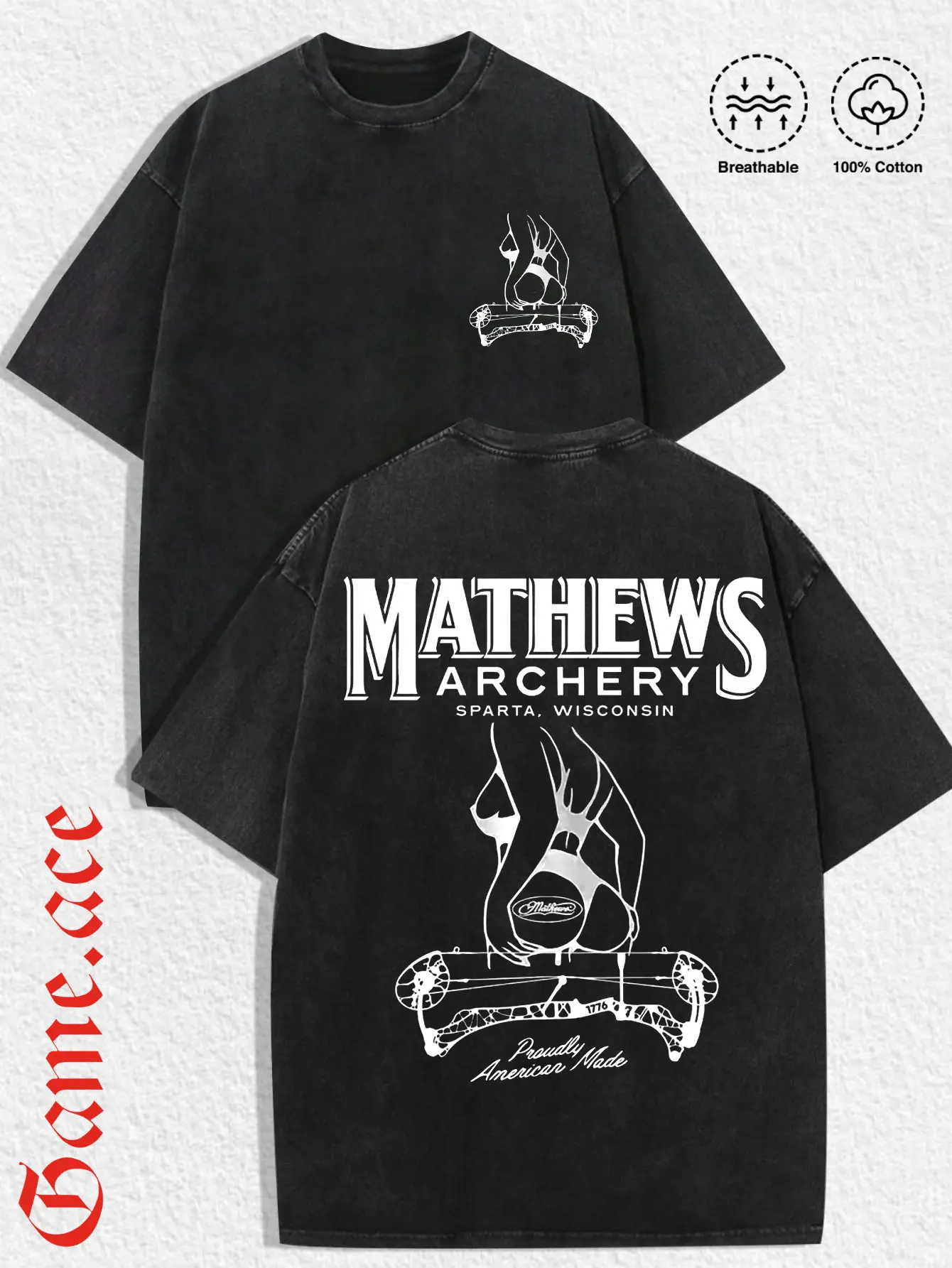 1 PCS GAME.ACE Mathews Archery Sparta Wisconsin Front Minimal Bow Lady Line Logo & Back Vintage Compound Bow Graphic Print, Retro Hunting Outdoors Streetwear, Breathable Unisex Tee For Archers Bow Hunters Casual Outdoor Daily Wear